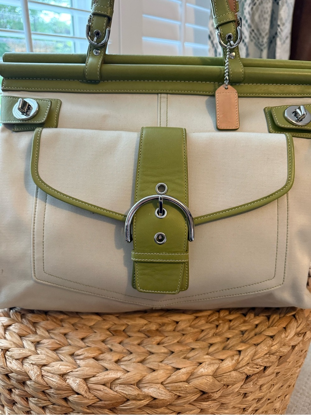 Vintage Coach Hampton Women's Canvas Tote Bag Ivory & Apple Green Leather Y2K